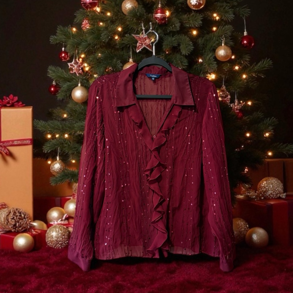 Reitmans Burgundy Sheer Sparkly Top with Ruffles & Sequin Embellishment - Picture 6 of 13